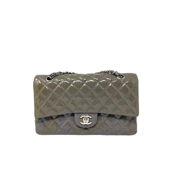 CHANEL Handbags - CHANEL Chanel Classic Patent Medium Double Flap Bag - Grey